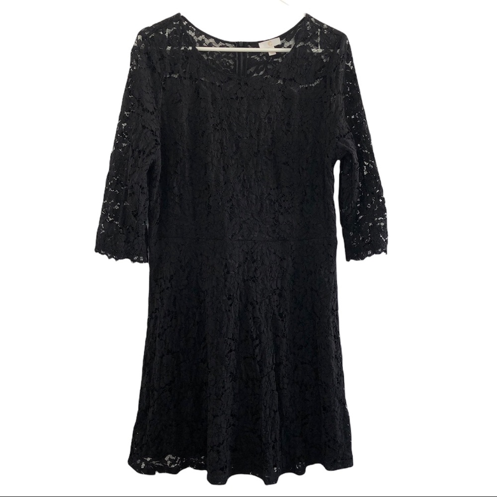 Women Black Lace 3/4 Sleeve Length Dress, Size XL